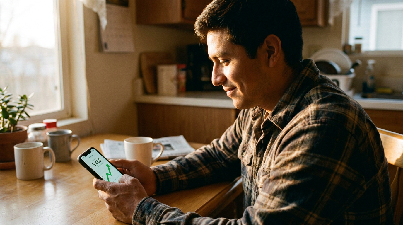 Hombre revisando su ahorro crecer con esperanza